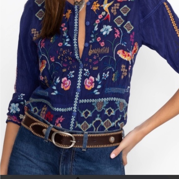 New Johnny Was Navy Floral Embroidered Button Front Blouse size XL - Picture 11 of 12